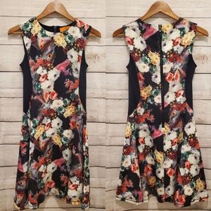 Patrizia Luca Black with Multicolor Floral Pattern Mini Dress, Size S
